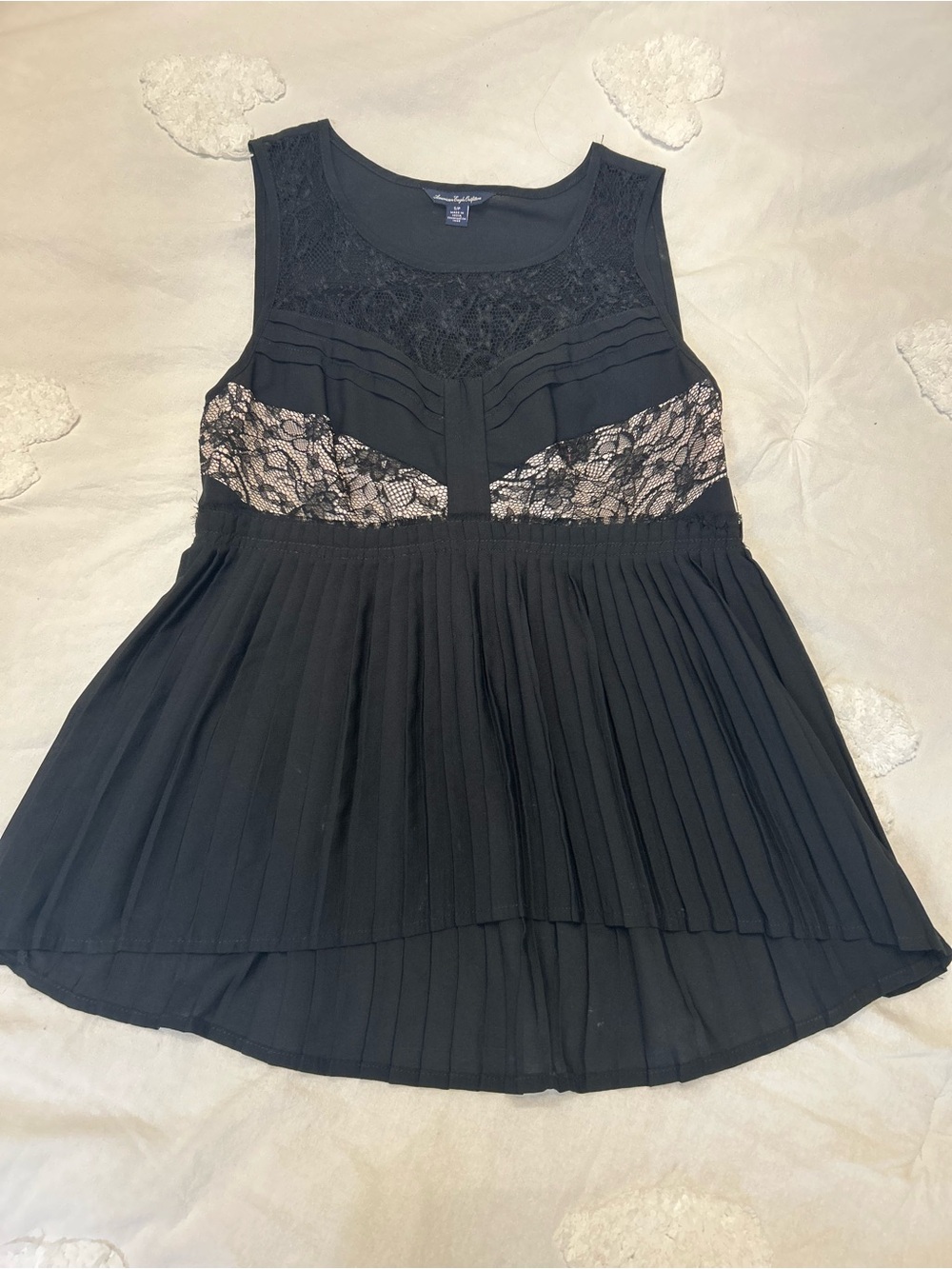 American Eagle Outfitters Black Lace-Trim Pleated Tank